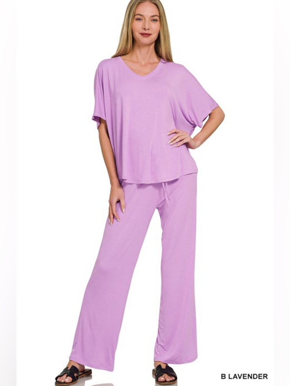 NWT Zenana 2pc Lavender V-neck Oversized Top And Pants Set Soft Comfy
